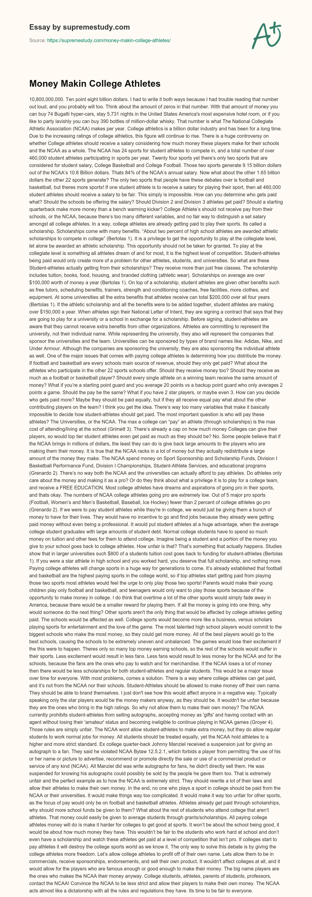 Money Makin College Athletes essay