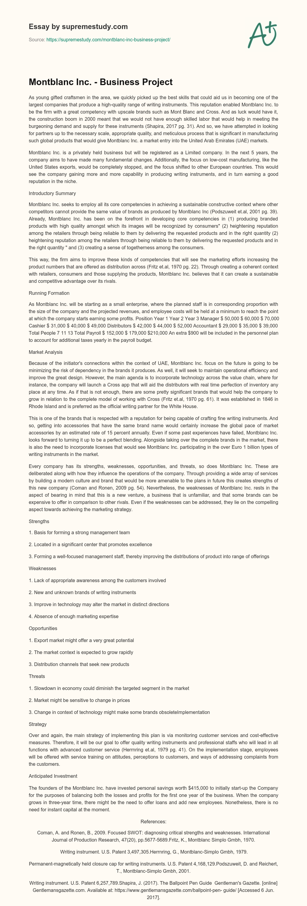 Montblanc Inc. – Business Project essay