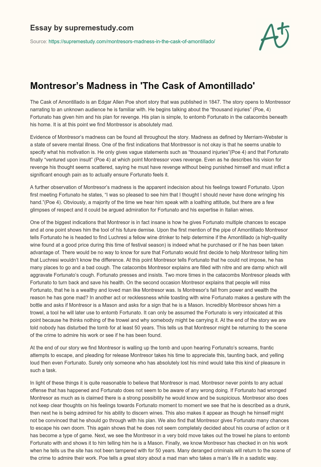 Montresor’s Madness in ‘The Cask of Amontillado’ essay