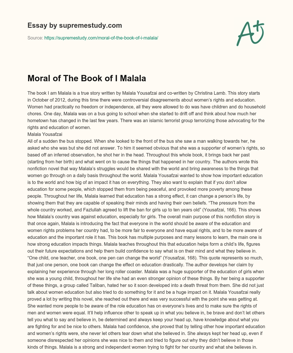 Moral of The Book of I Malala essay