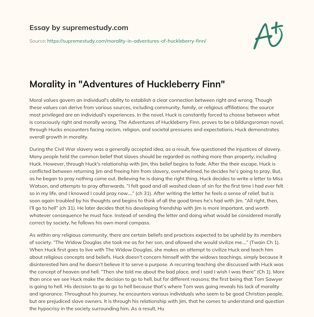 Morality in “Adventures of Huckleberry Finn” essay