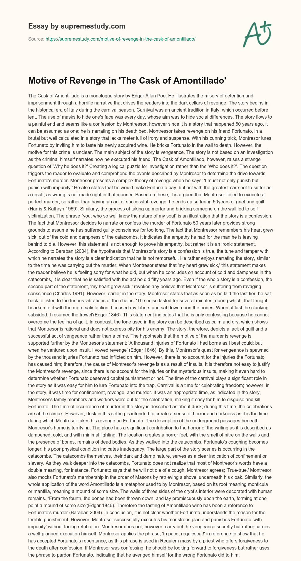 Motive of Revenge in ‘The Cask of Amontillado’ essay