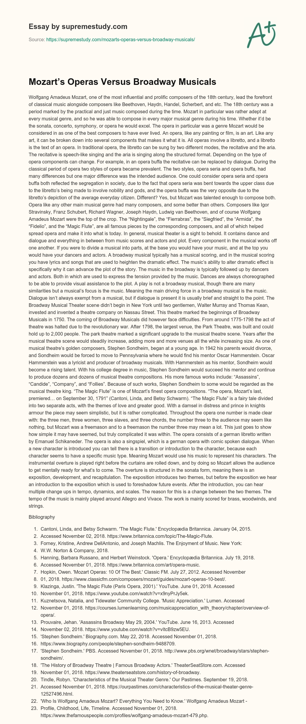 Mozart’s Operas Versus Broadway Musicals essay