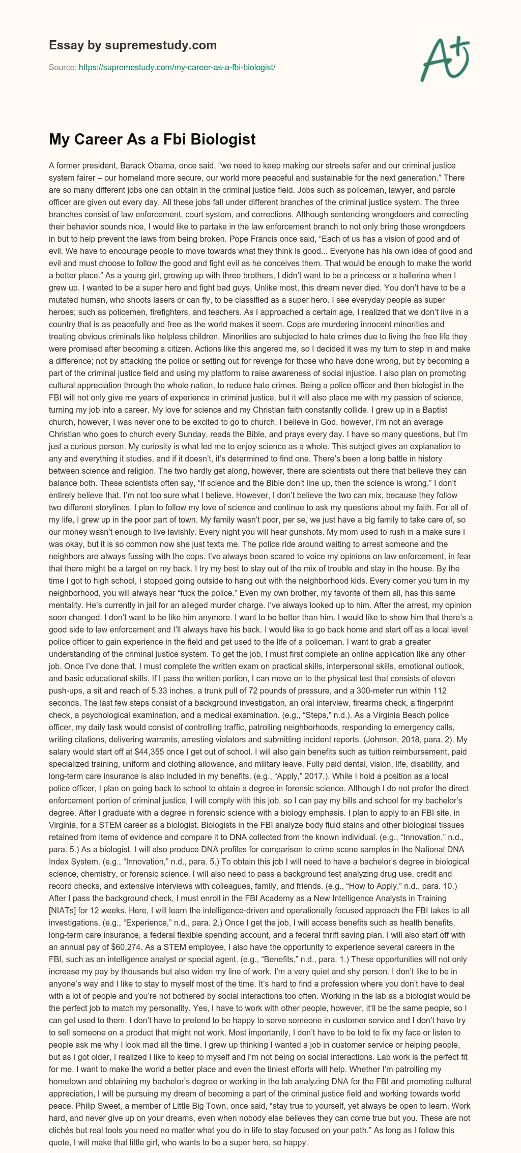 My Career As a Fbi Biologist essay