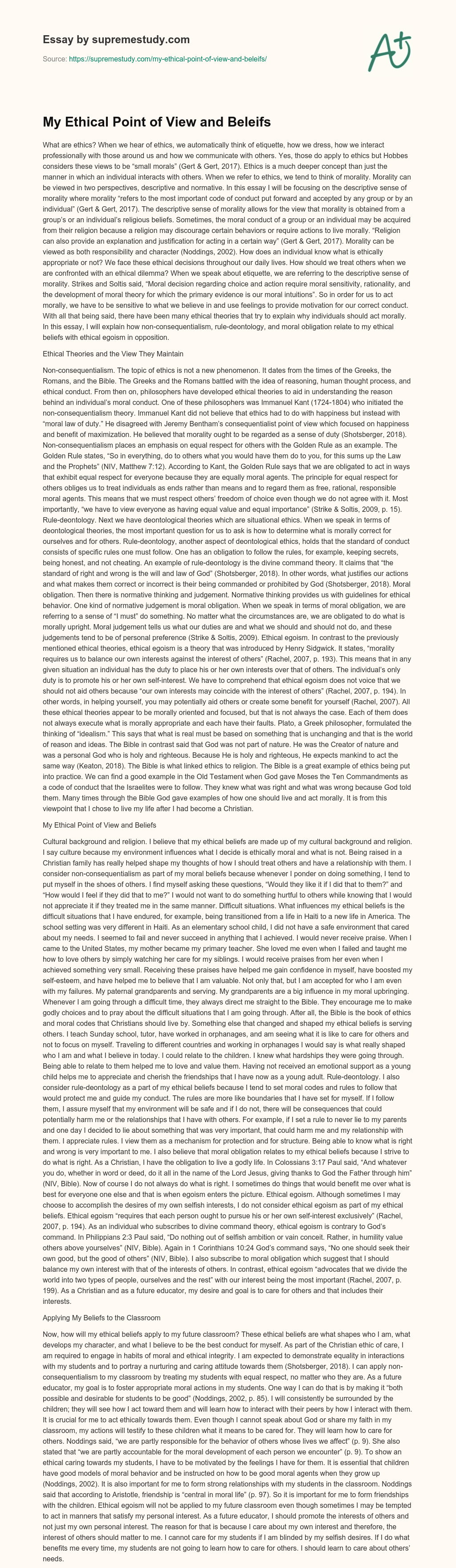 My Ethical Point of View and Beleifs essay