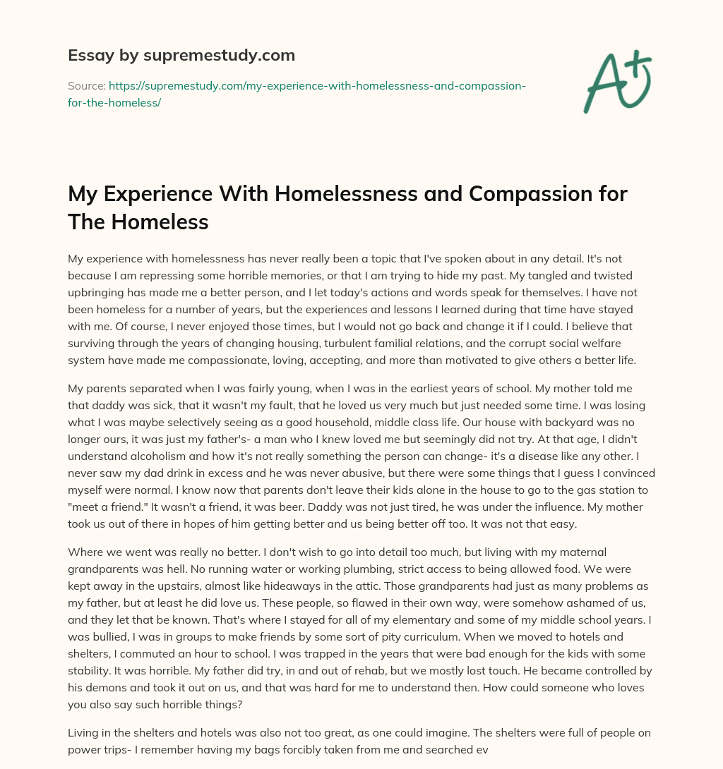 My Experience With Homelessness and Compassion for The Homeless essay