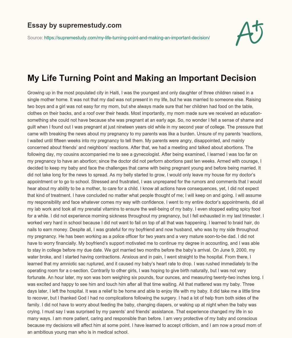 My Life Turning Point and Making an Important Decision essay