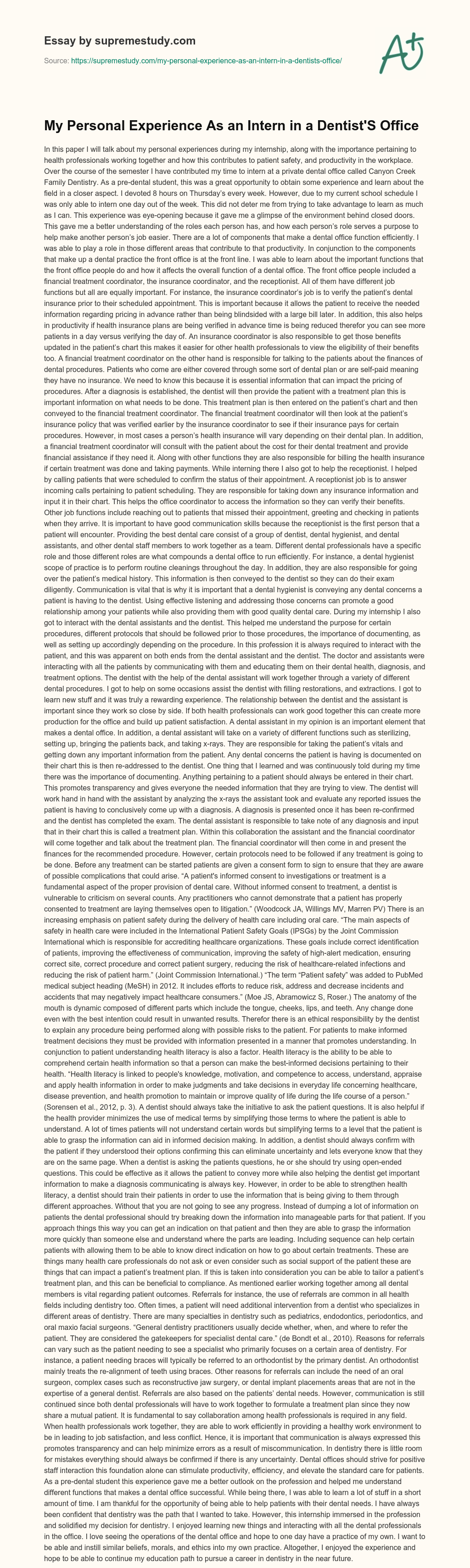 My Personal Experience As an Intern in a Dentist’S Office essay