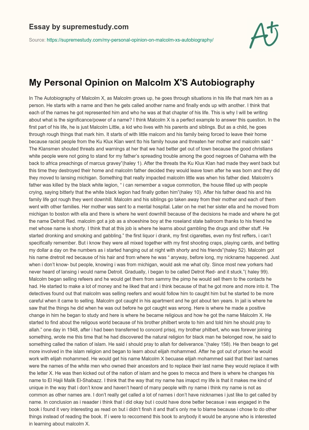 My Personal Opinion on Malcolm X’S Autobiography essay