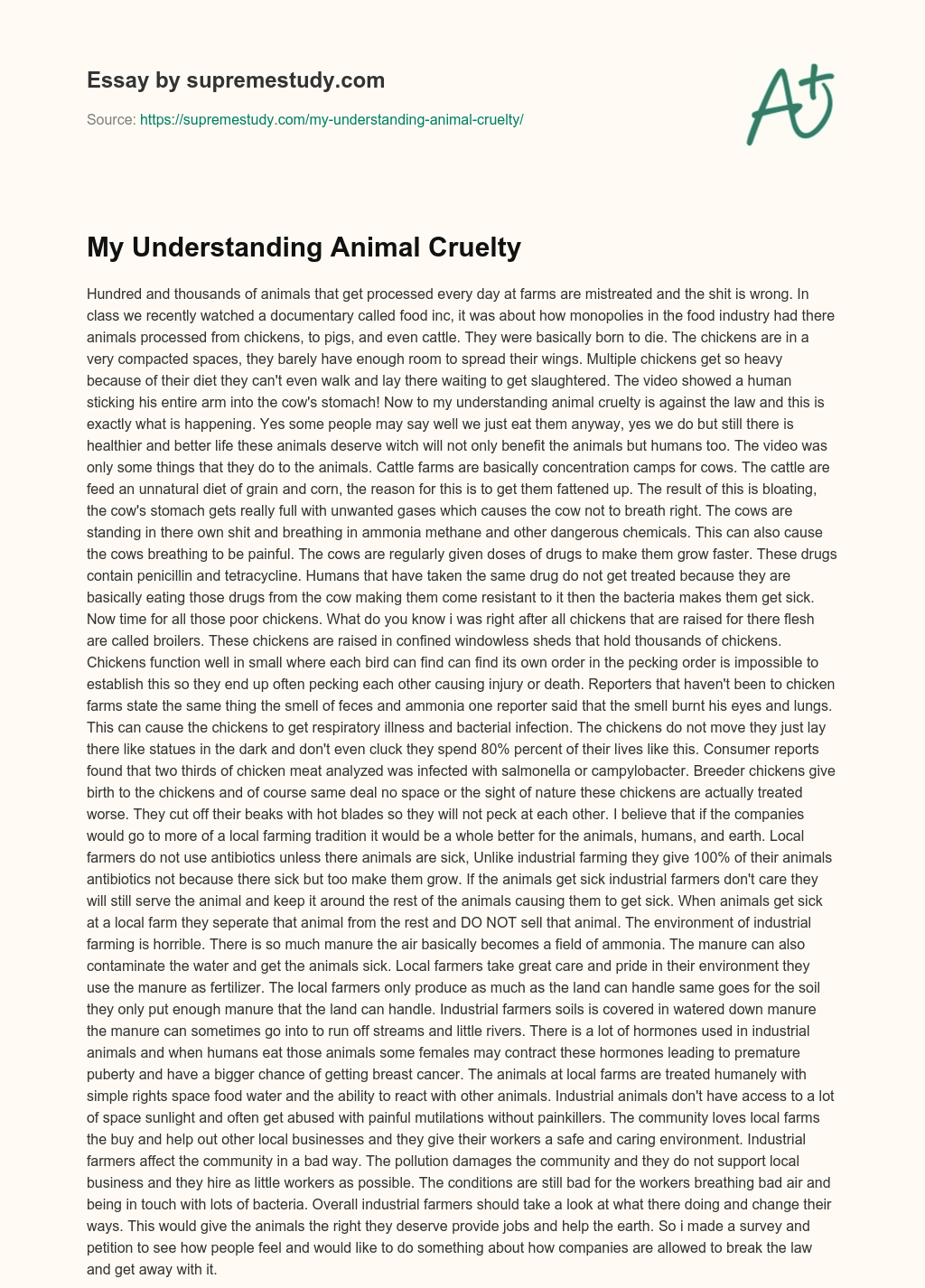 My Understanding Animal Cruelty essay