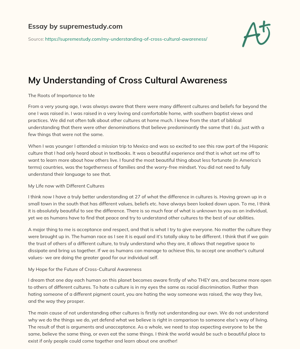 My Understanding of Cross Cultural Awareness essay