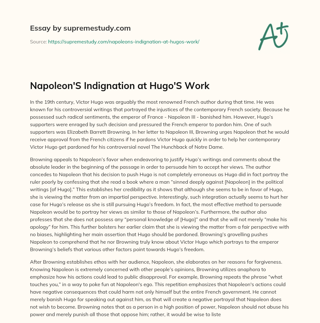 Napoleon’S Indignation at Hugo’S Work essay