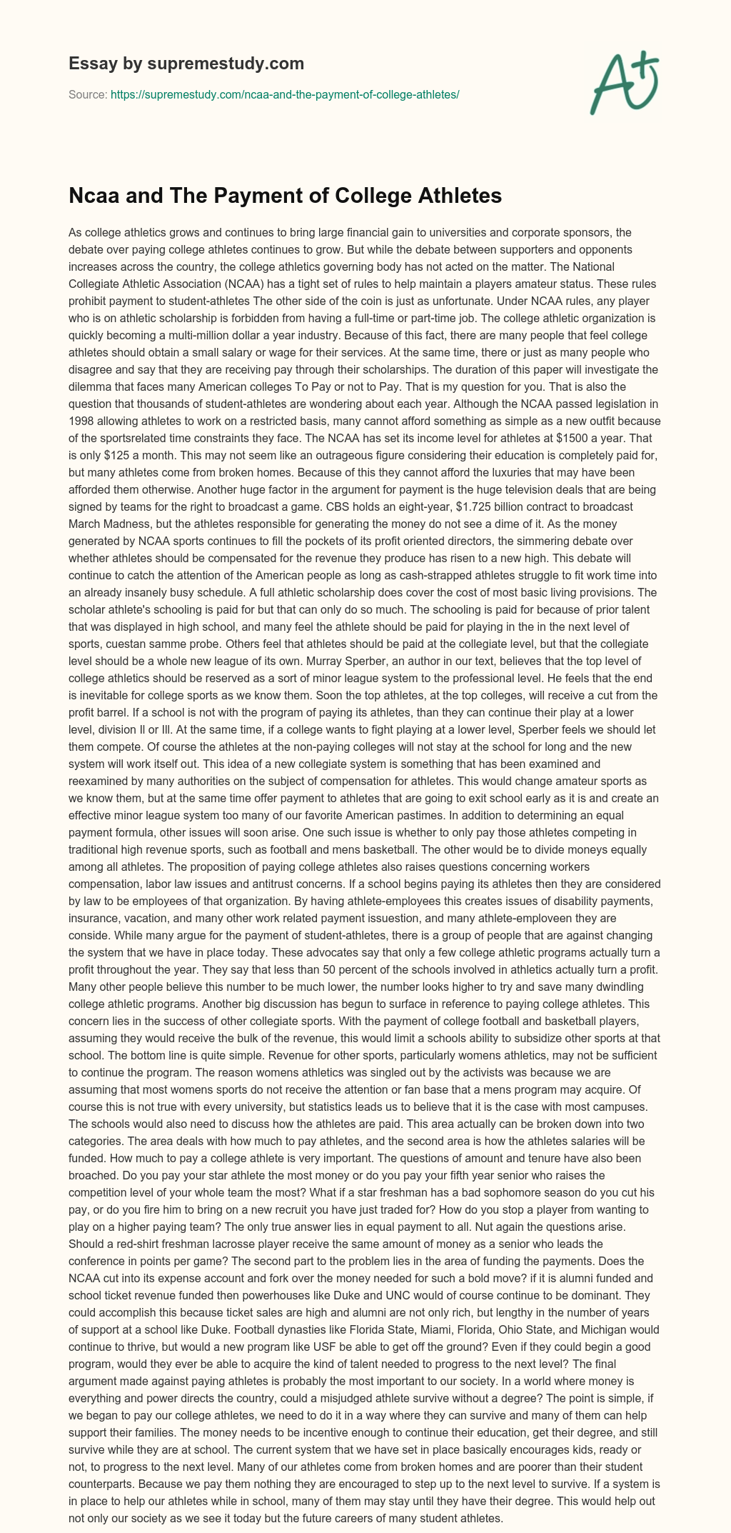 Ncaa and The Payment of College Athletes essay