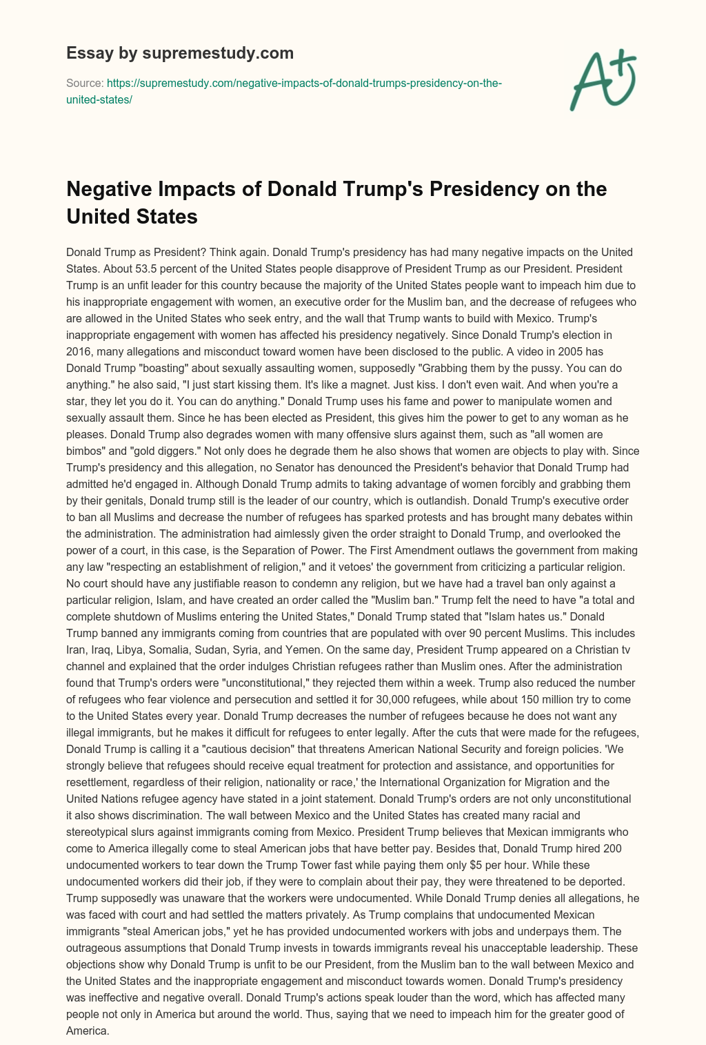 Negative Impacts of Donald Trump’s Presidency on the United States essay