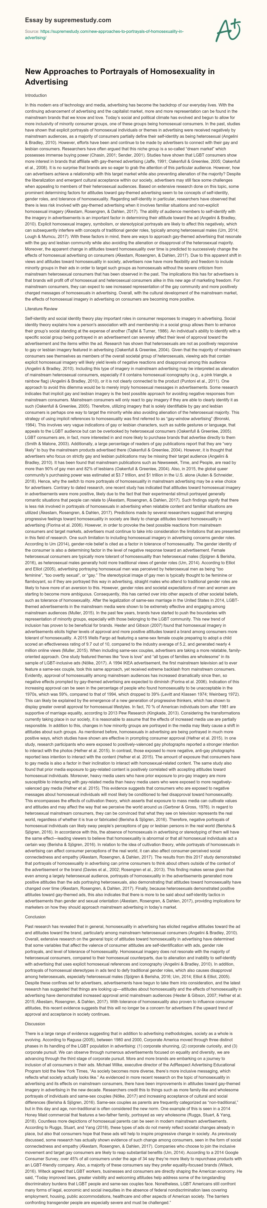 New Approaches to Portrayals of Homosexuality in Advertising essay