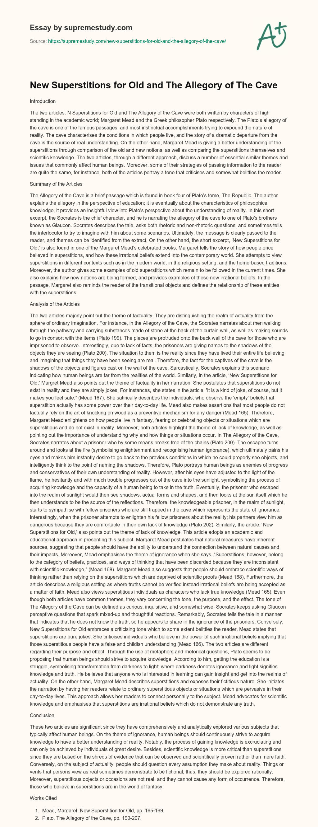 New Superstitions for Old and The Allegory of The Cave essay