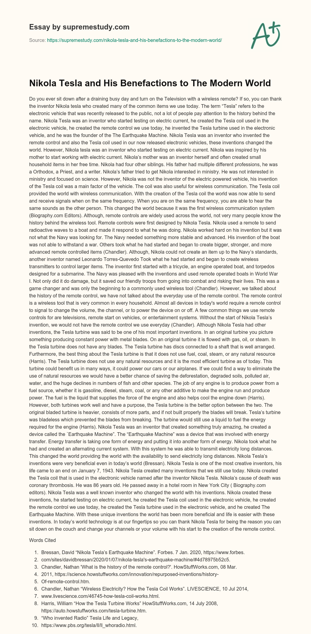 Nikola Tesla and His Benefactions to The Modern World essay