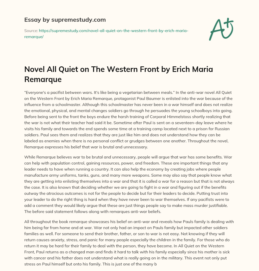 Novel All Quiet on The Western Front by Erich Maria Remarque essay
