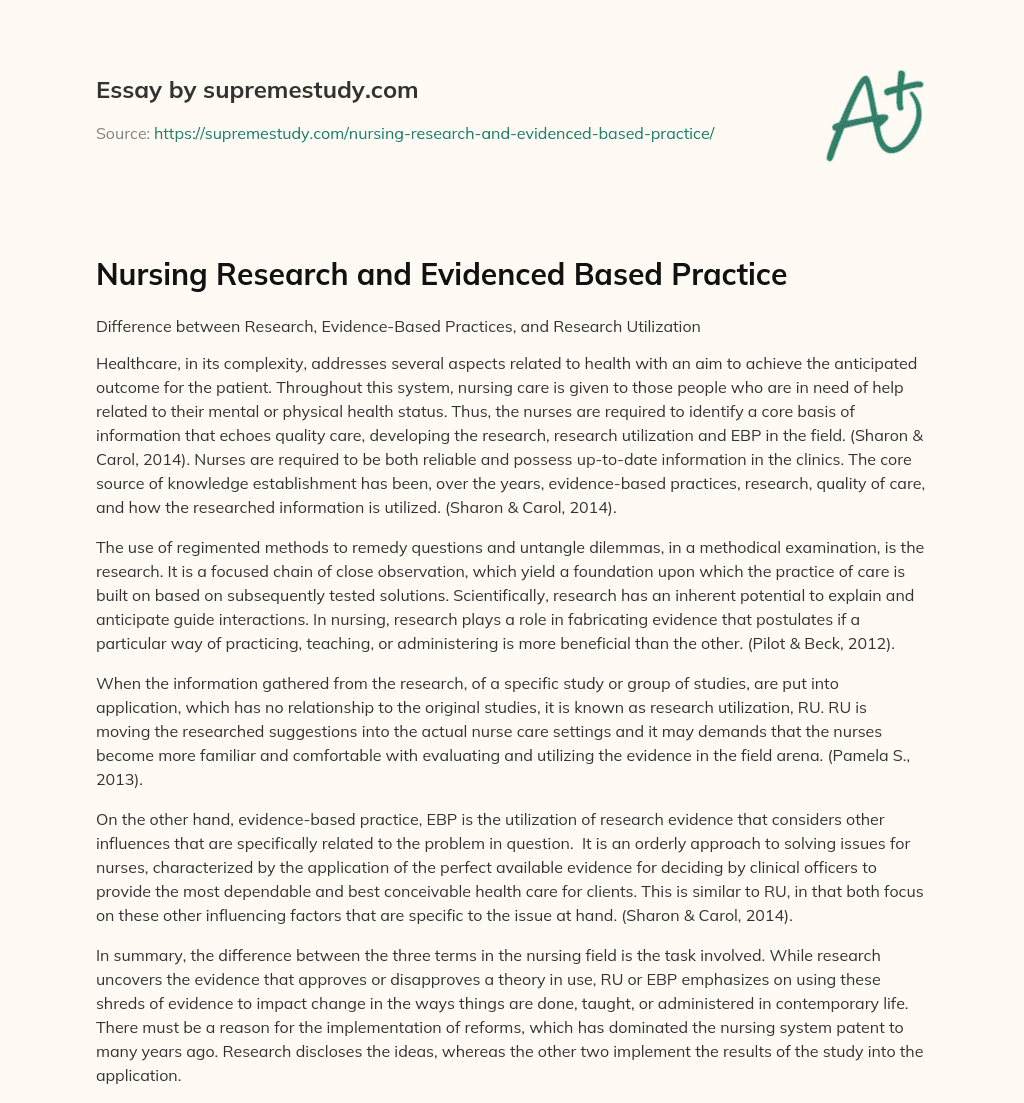 Nursing Research and Evidenced Based Practice essay