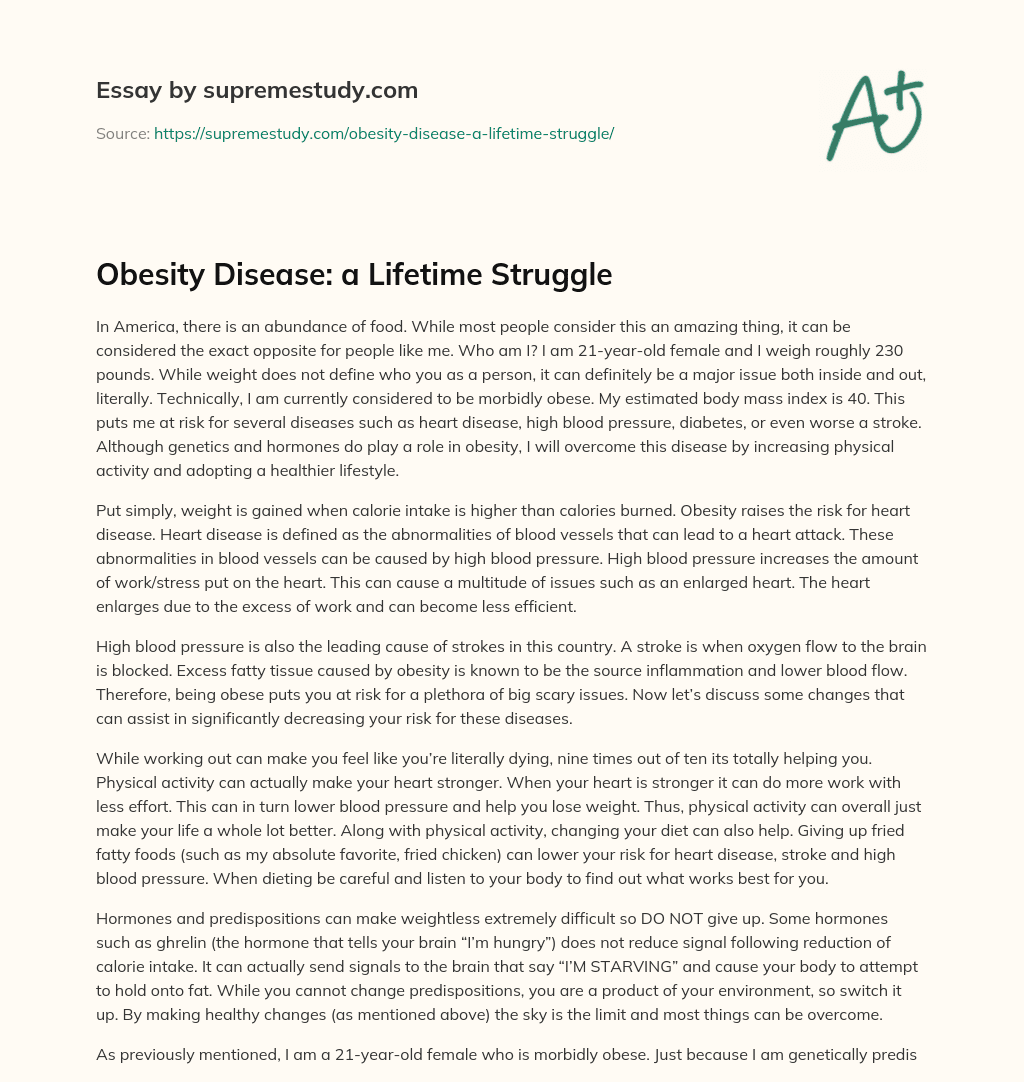 Obesity Disease: a Lifetime Struggle essay