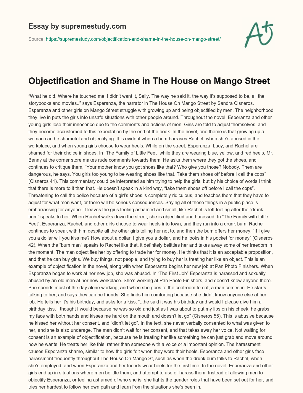 Objectification and Shame in The House on Mango Street essay