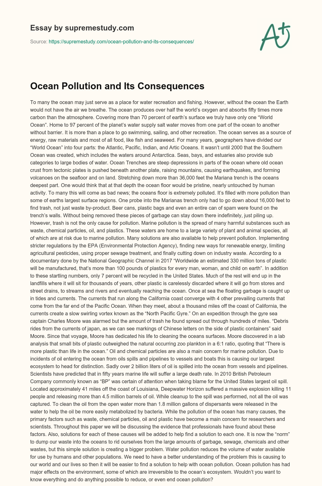 Ocean Pollution and Its Consequences essay