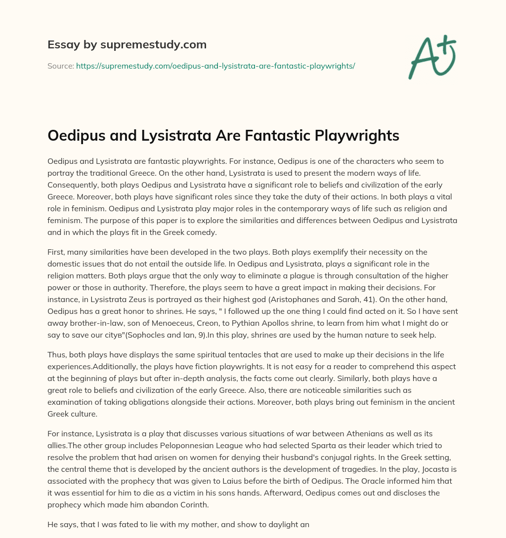 Oedipus and Lysistrata Are Fantastic Playwrights essay