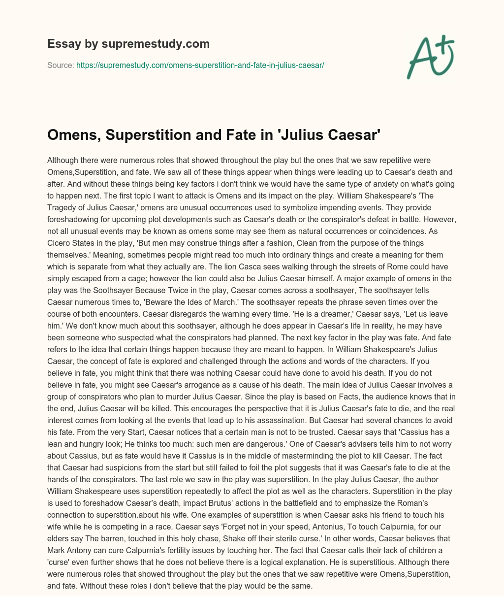 Omens, Superstition and Fate in ‘Julius Caesar’ essay