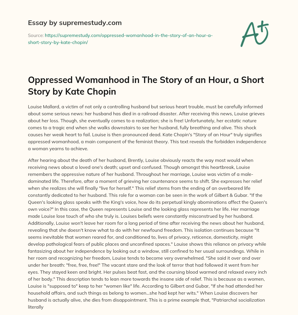 Oppressed Womanhood in The Story of an Hour, a Short Story by Kate Chopin essay