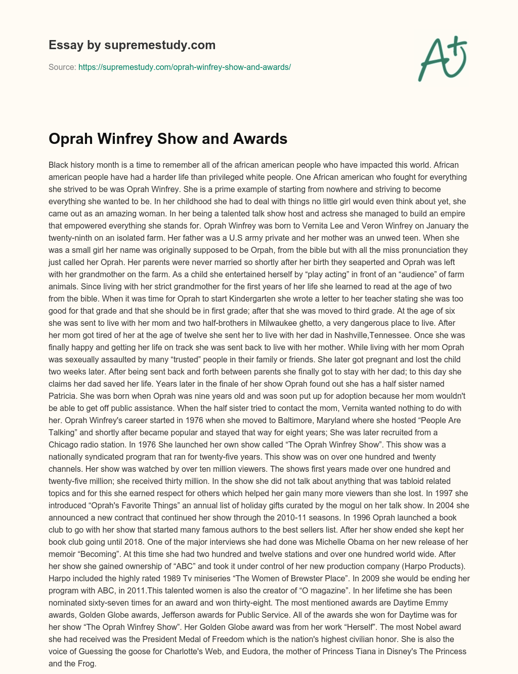 Oprah Winfrey Show and Awards essay