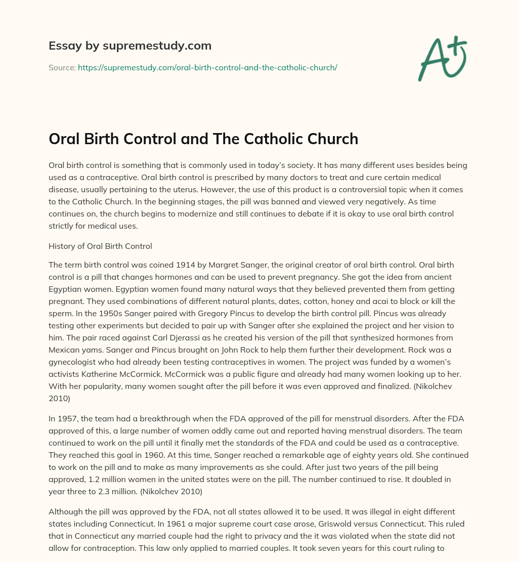 Oral Birth Control and The Catholic Church essay