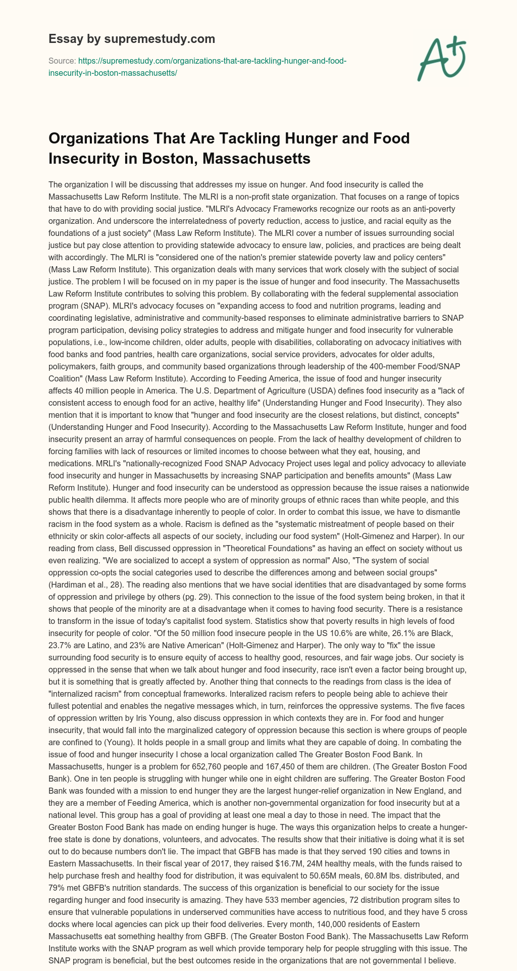 Organizations That Are Tackling Hunger and Food Insecurity in Boston, Massachusetts essay