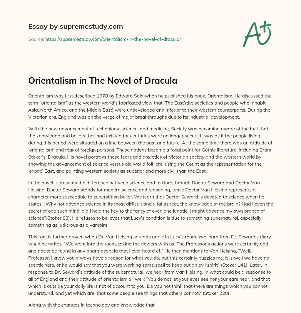 Orientalism in The Novel of Dracula essay