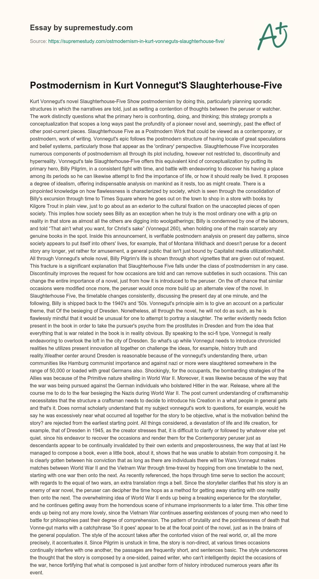 Postmodernism in Kurt Vonnegut’S Slaughterhouse-Five essay