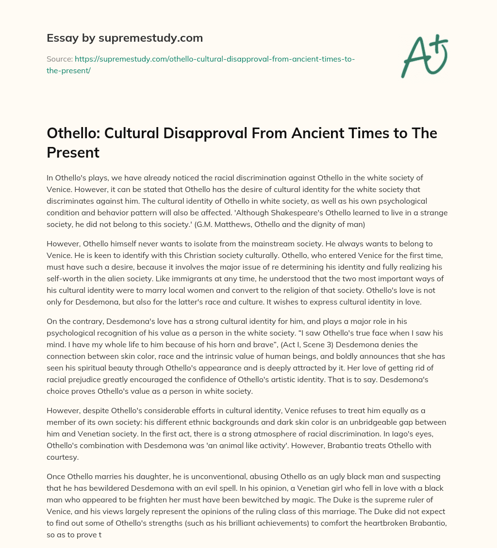 Othello: Cultural Disapproval From Ancient Times to The Present essay