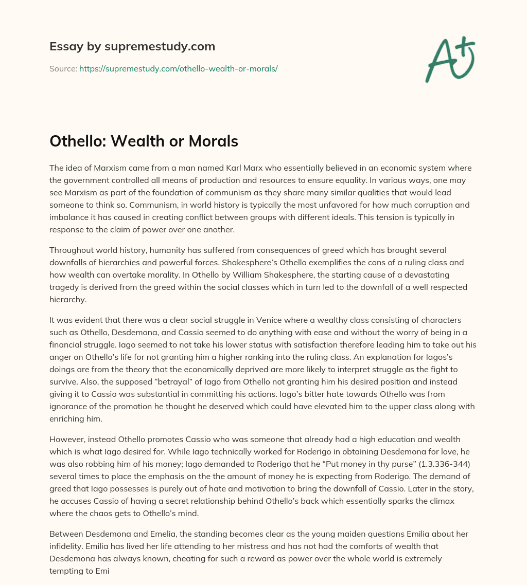 Othello: Wealth or Morals essay