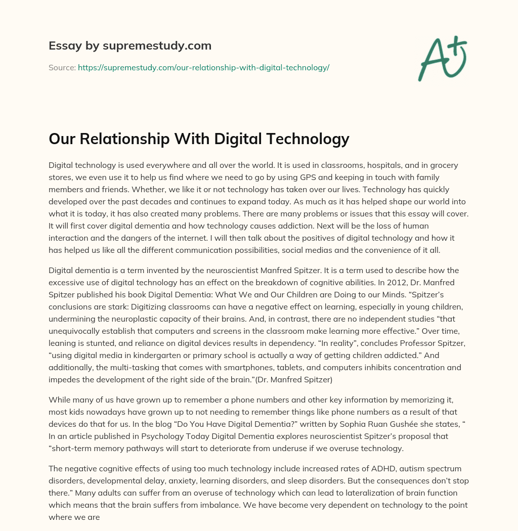 Our Relationship With Digital Technology  essay