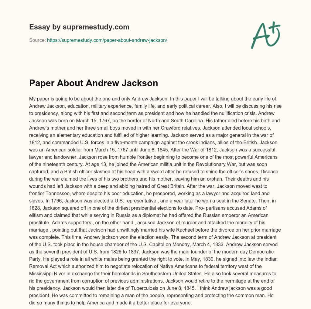 Paper About Andrew Jackson essay