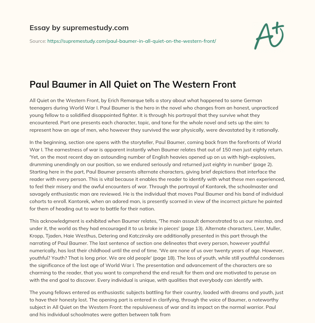 Paul Baumer in All Quiet on The Western Front essay