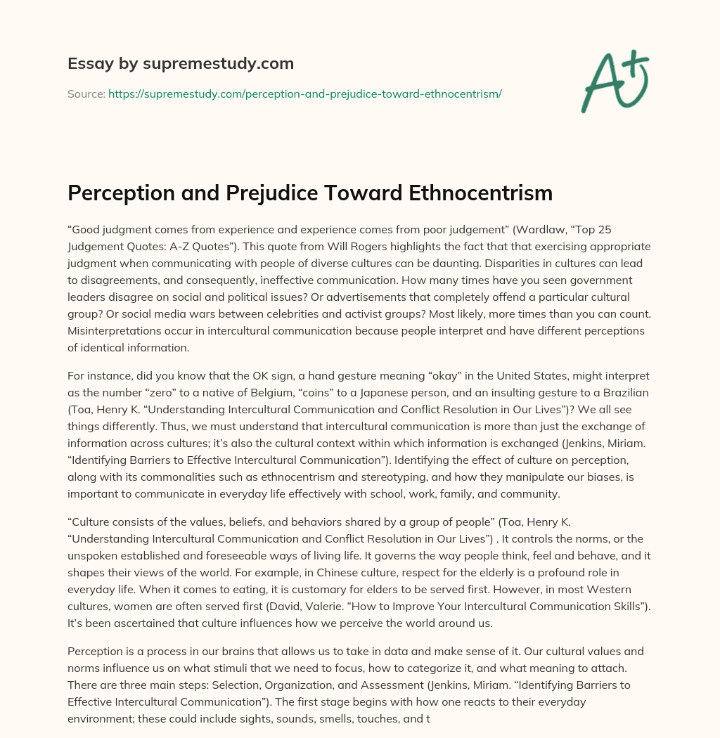 Perception and Prejudice Toward Ethnocentrism essay