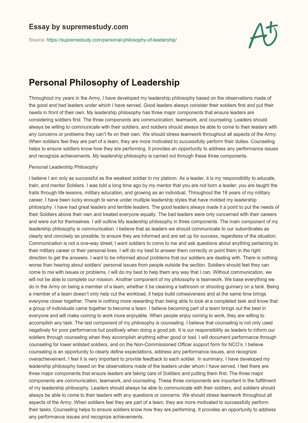Personal Philosophy of Leadership essay