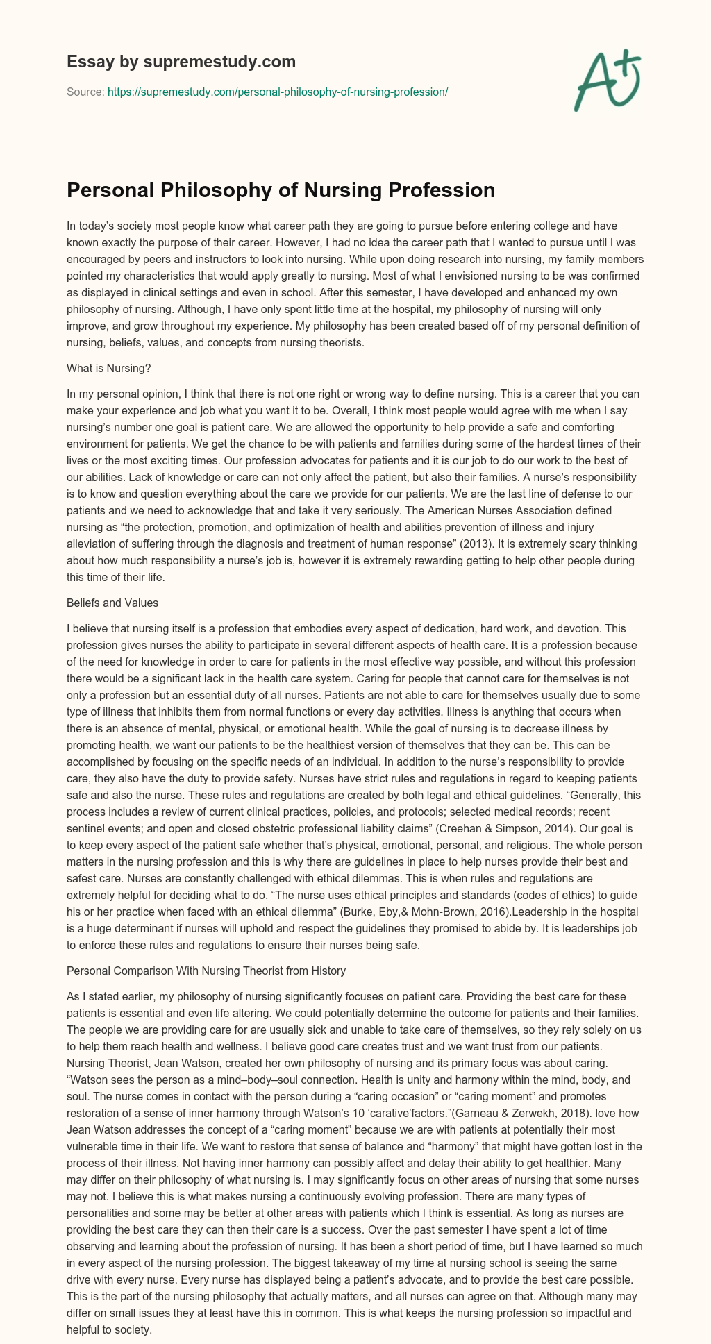 Personal Philosophy of Nursing Profession essay