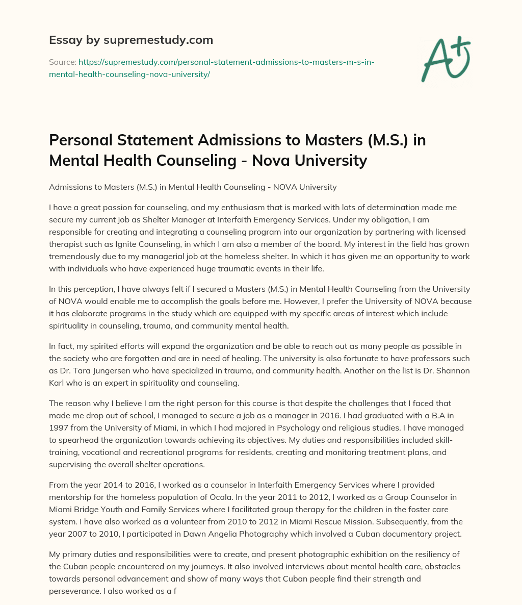 Personal Statement Admissions to Masters (M.S.) in Mental Health Counseling – Nova University essay