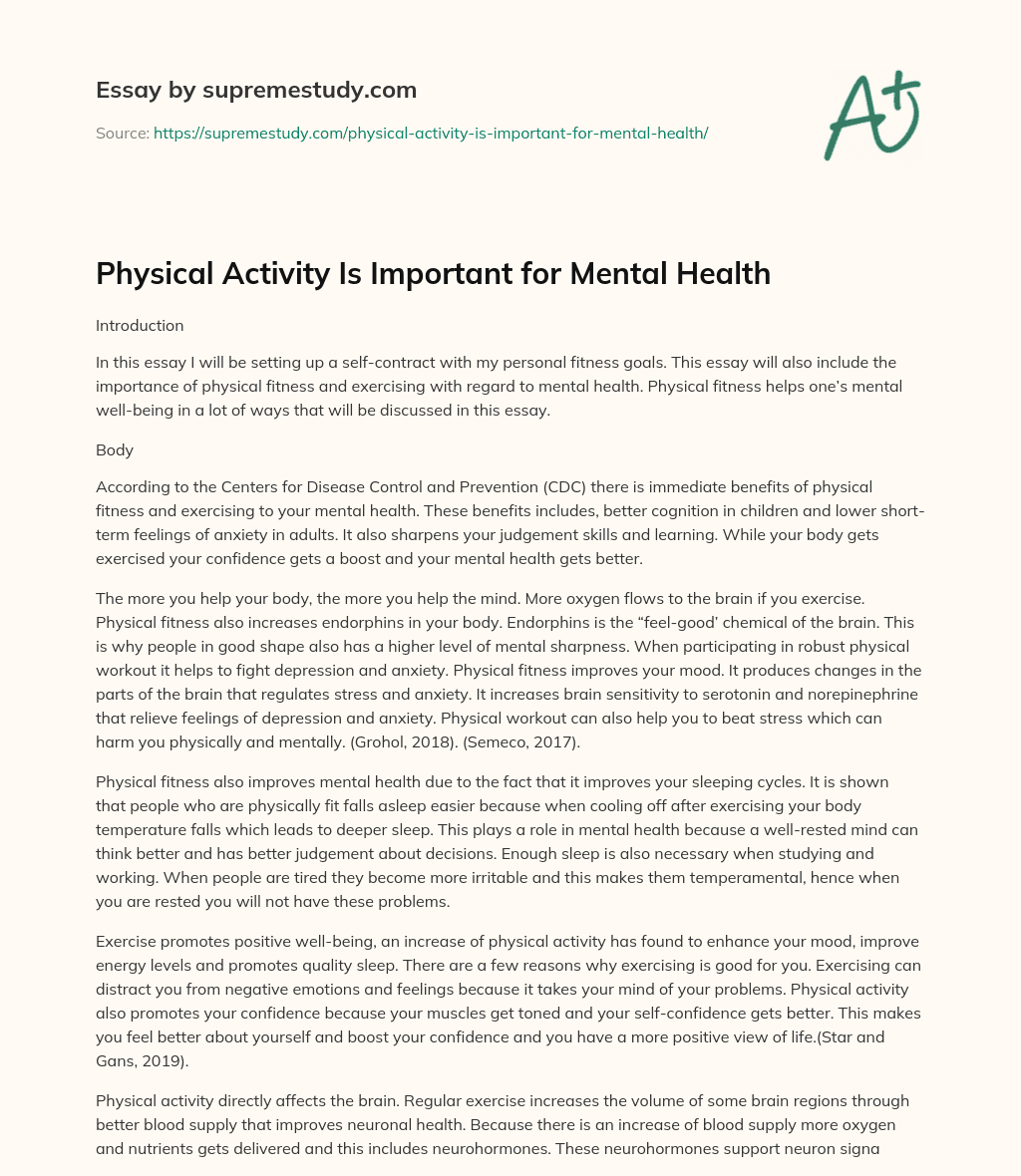 Physical Activity Is Important For Mental Health Free Essay Example 