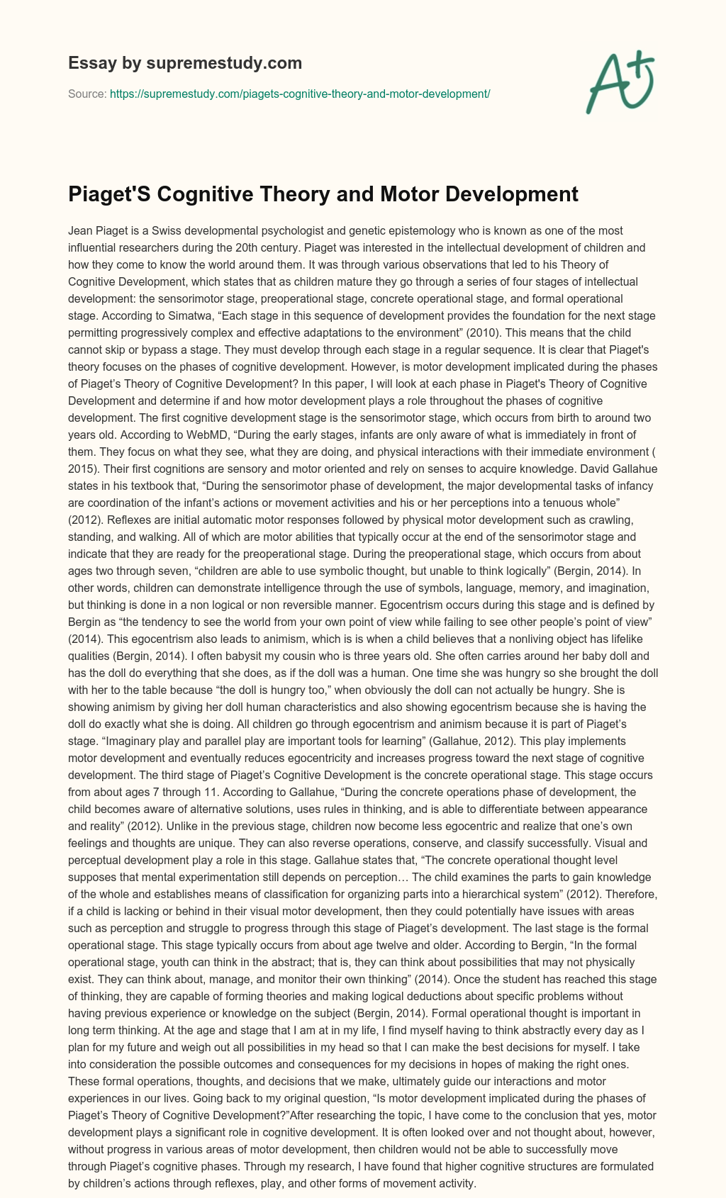 Piaget’S Cognitive Theory and Motor Development essay