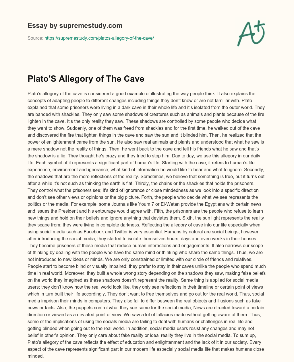 Plato’S Allegory of The Cave essay