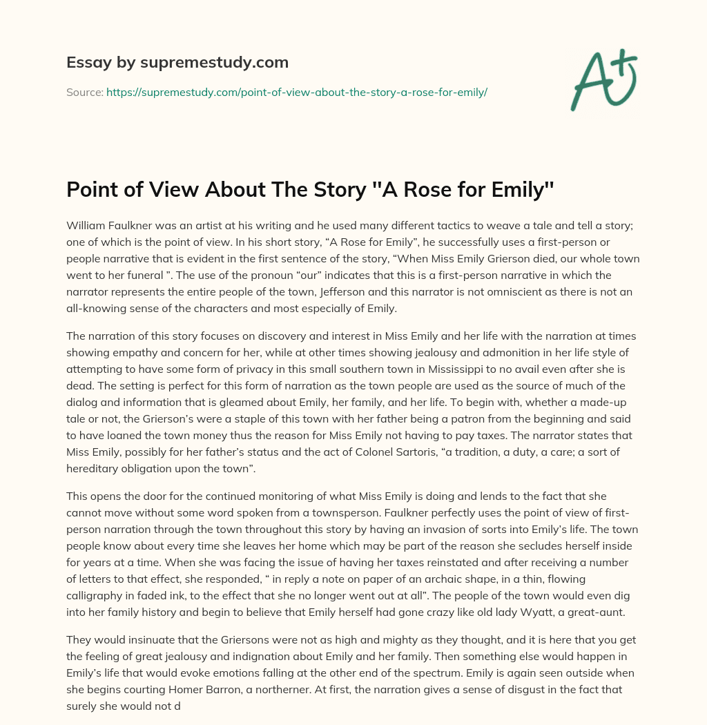 Point of View About The Story ”A Rose for Emily” essay