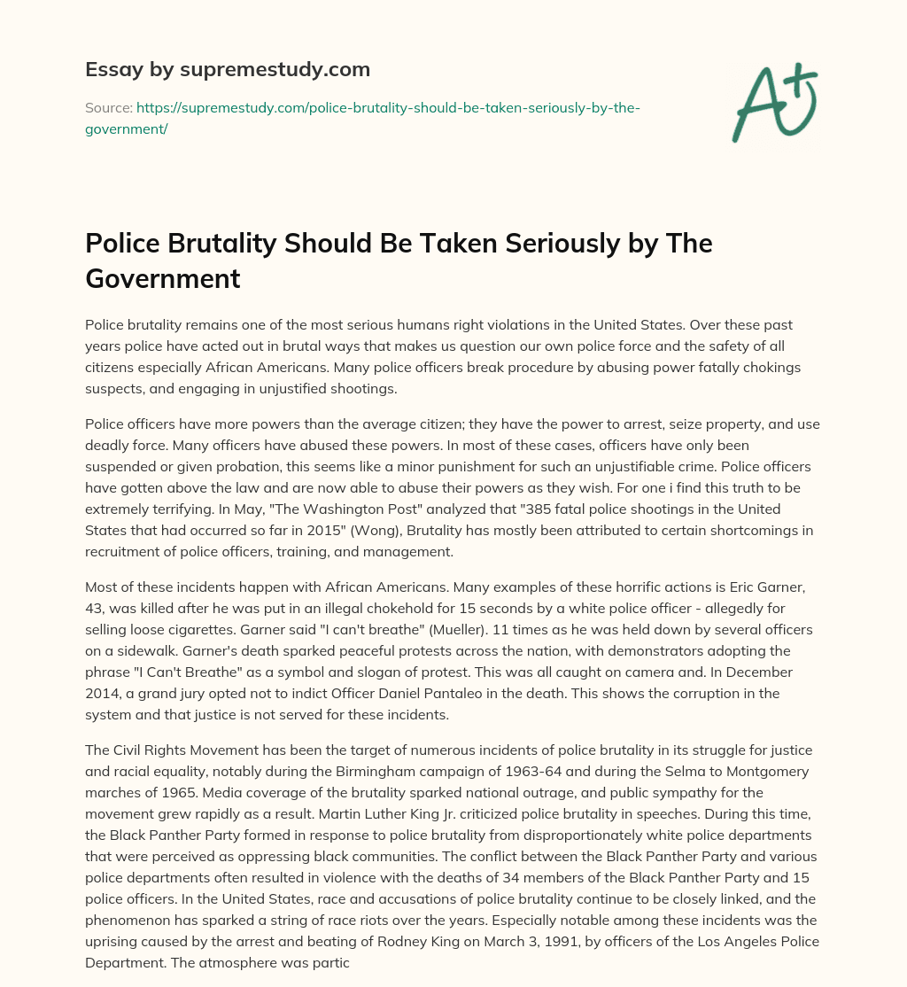 Police Brutality Should Be Taken Seriously by The Government essay