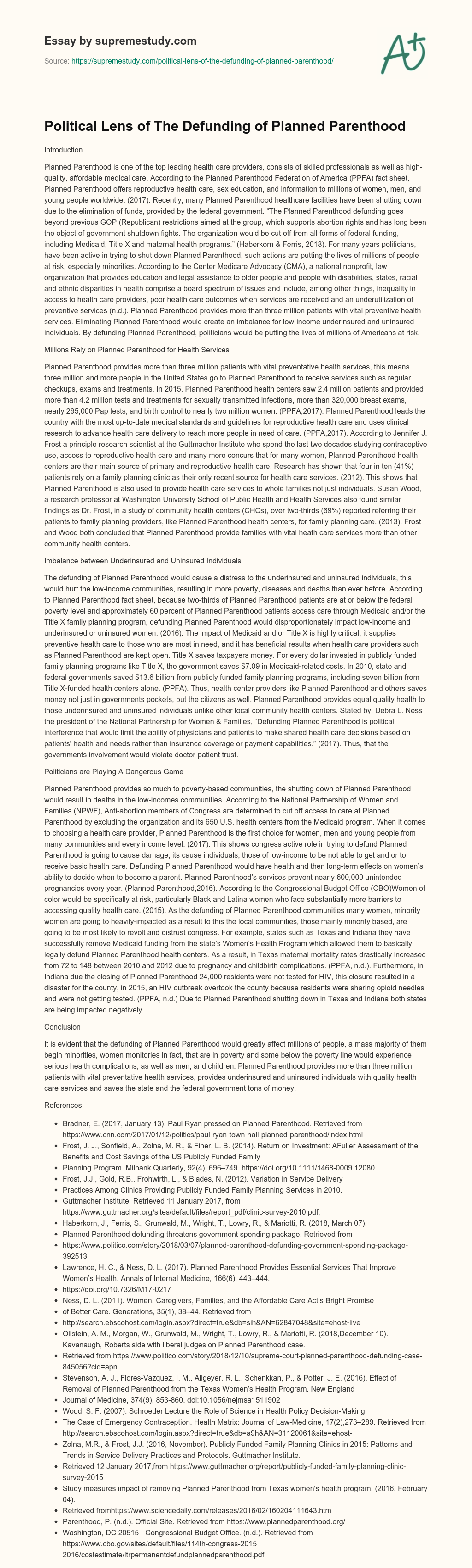Political Lens of The Defunding of Planned Parenthood essay