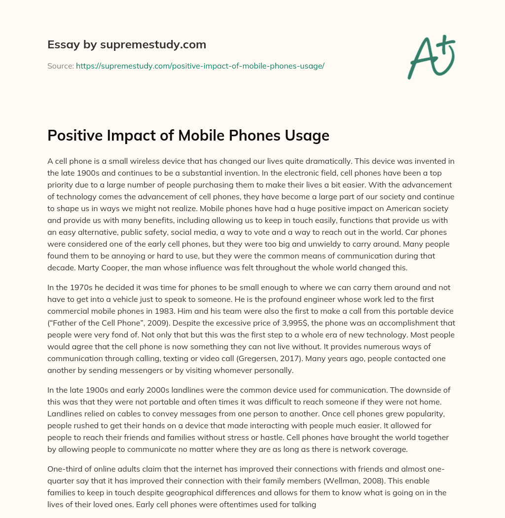 Positive Impact of Mobile Phones Usage essay
